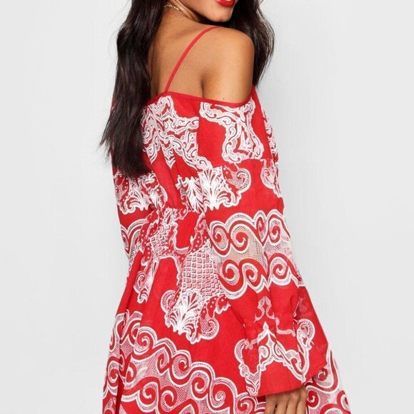 BooHoo Navia Crochet Off The Shoulder Skater Dress Navy Size 8 NWT - Picture 16 of 16